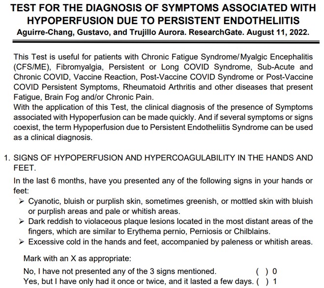 Aguirre1Gustavo's tweet image. #CFS #CFME
#Fibromyalgia
#LongCOVID
TEST FOR THE DIAGNOSIS OF HYPOPERFUSION SYMPTOMS
In a few minutes you can perform the Diagnosis of symptoms associated with Hypoperfusion due to Persistent Endotheliitis
which is often accompanied by persistent #BioClots
researchgate.net/publication/36…