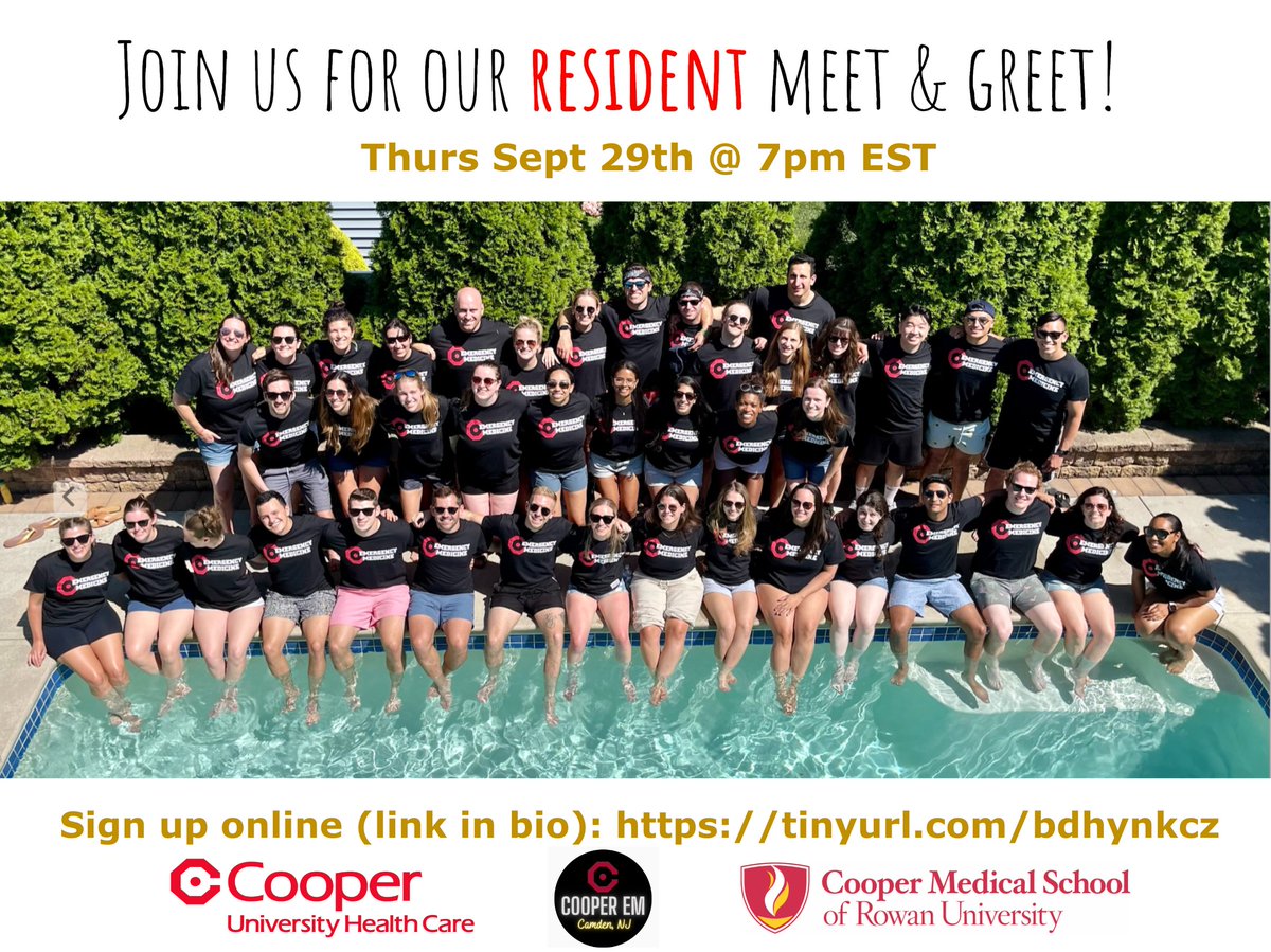 CooperEMed's tweet photo. #EMbound students - come meet our residents at our final pre-interview season Zoom meet &amp; Greet THIS THURS 9/29 @ 7P EST! ✍🏻 Sign up at https://t.co/DzUgSwIlPn. Hope to see you there! 

#Match2022 #EMresidency #emergencymedicine #cooperfam #emresidents https://t.co/fkWvT3U8l4
