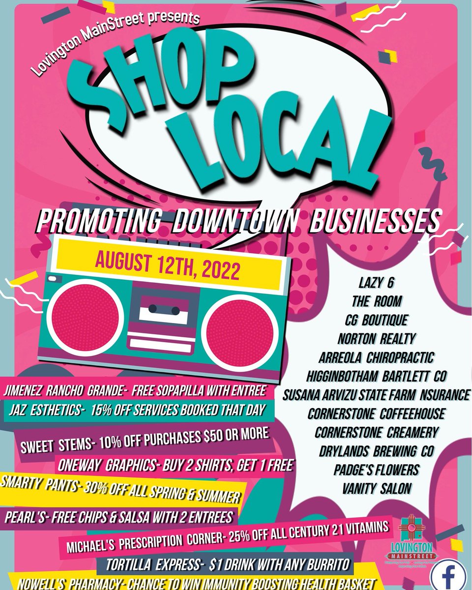 Lovington MainStreet is hosting a #ShopLocal incentive event on August 12 -  shop at any participating downtown business and tag them on Facebook with a picture of the receipt for a chance to win prizes! facebook.com/LovingtonMainS…