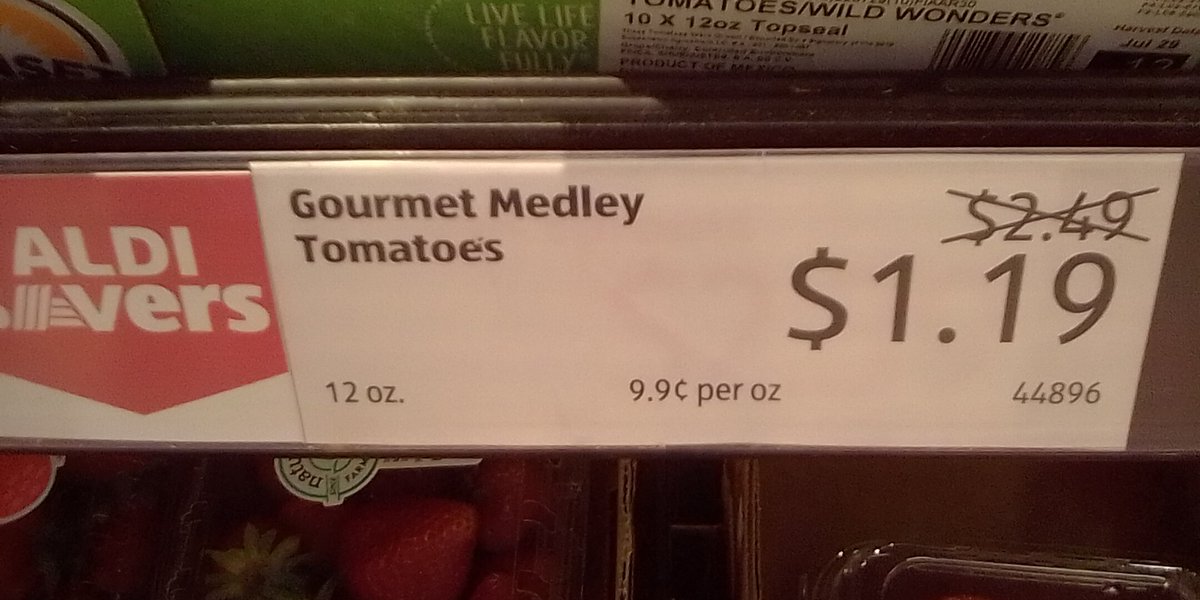 mndcats's tweet image. I bought  a pack of tomato at grocery store Aldi.  I thought it was $1.19 , according to the store sign. But I was charged $3.19.   

Can anyone tell me where $3.19 come from? 

I see $1.19 and $2.49 , crossed out,  on the store sign.   

This is a mystery ....

 🤔
