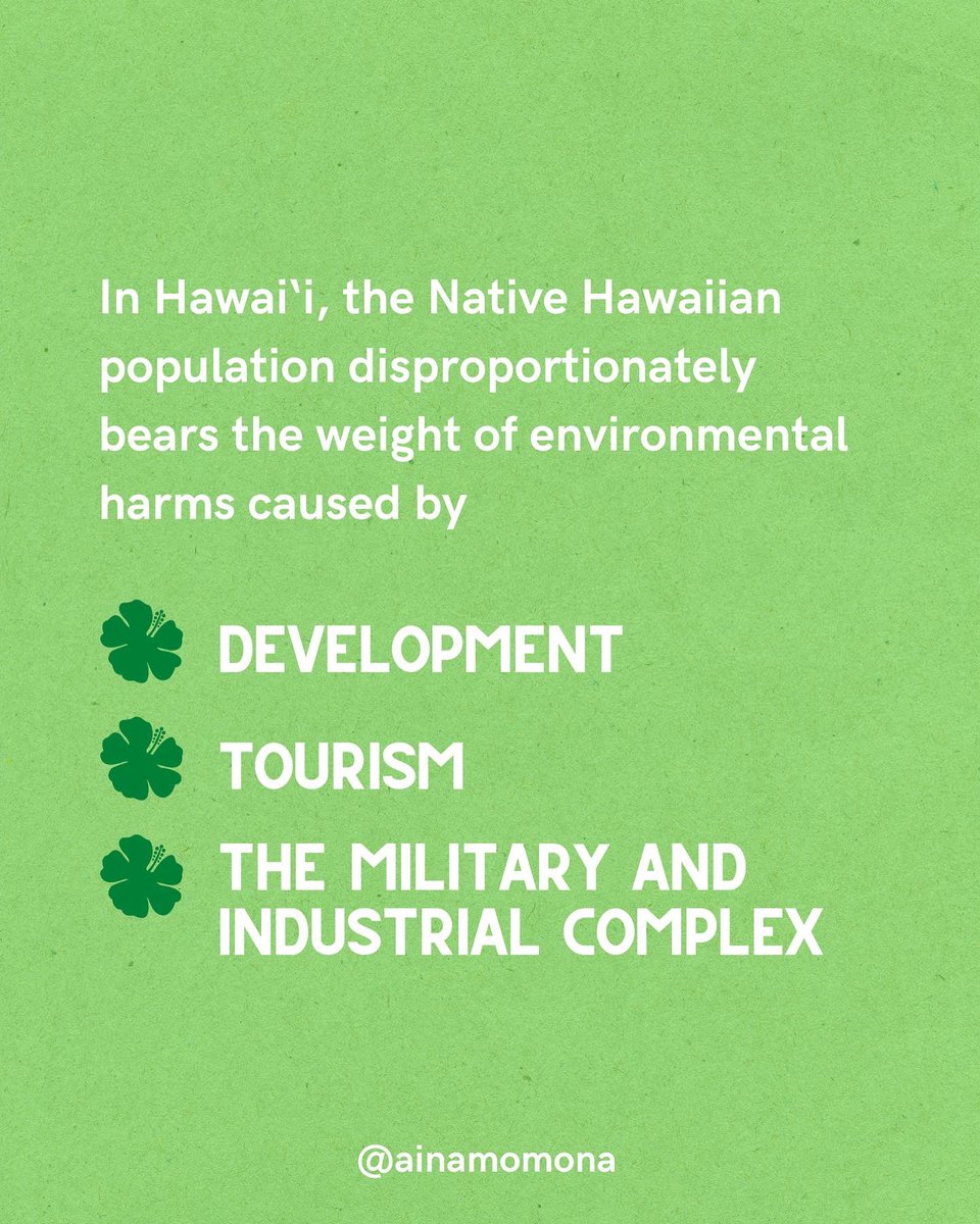 aina_momona's tweet photo. The environmental justice movement seeks to address inequitable exposure to marginalized communities. In Hawai’i, the Native Hawaiian population disproportionately bears the weight of environmental harms caused by #tourism #development #themilitary https://t.co/6q0Rnbzolu