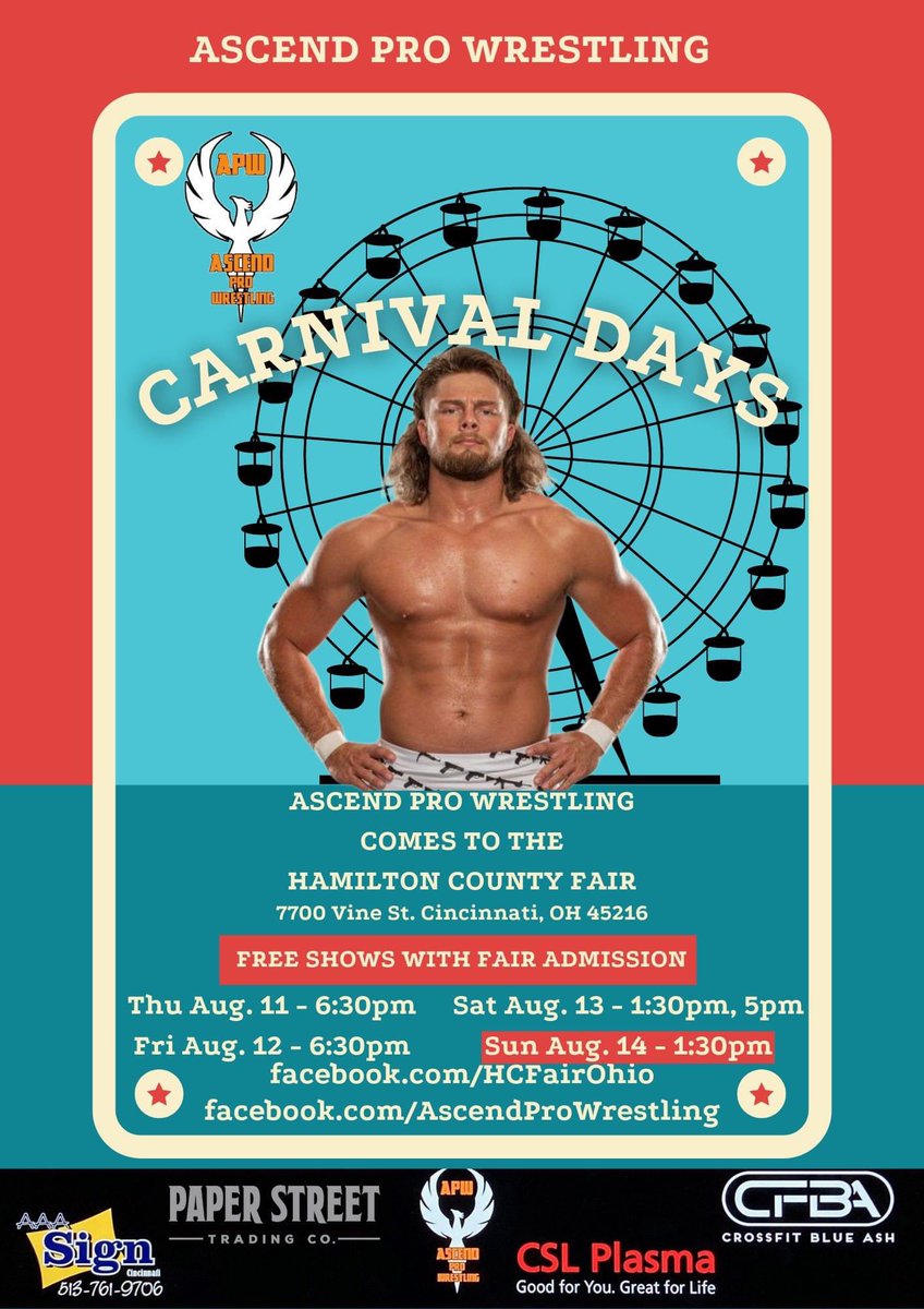 AscendProW's tweet image. Come see us at the Hamilton County Fair!

Five shows will be held throughout the week, and we'll be doing a heavy push and some giveaways for the anniversary show!

Here is a small sampling of these great matches. Which matches will be on which shows? Come by to find out. 😉