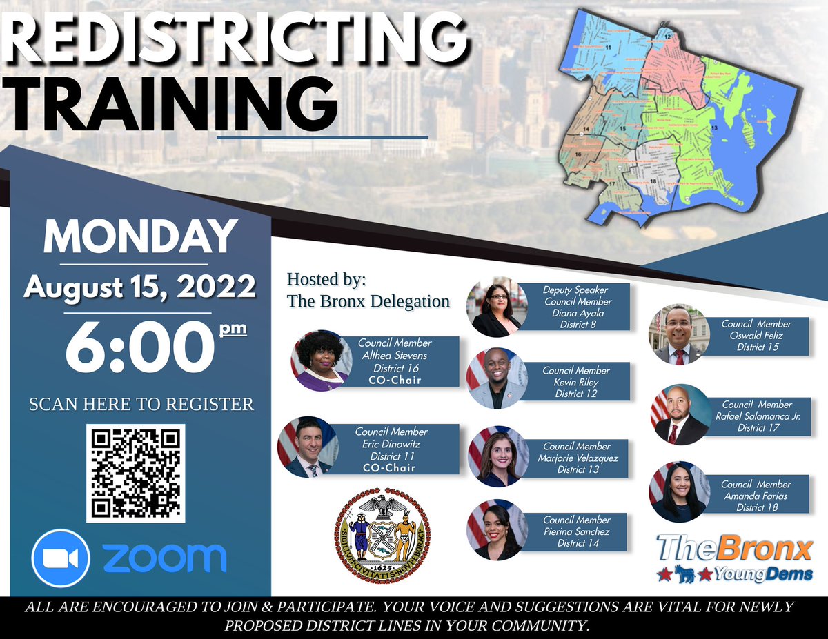 CMKevinCRiley's tweet photo. Join the Bronx Delegation on Monday, August 15th at 6pm for a Virtual Redistricting Training.

We are asking folks to scan the QR Code or register for the event here: 
https://t.co/bmMOuWIFrD https://t.co/bJs7IfGNi8