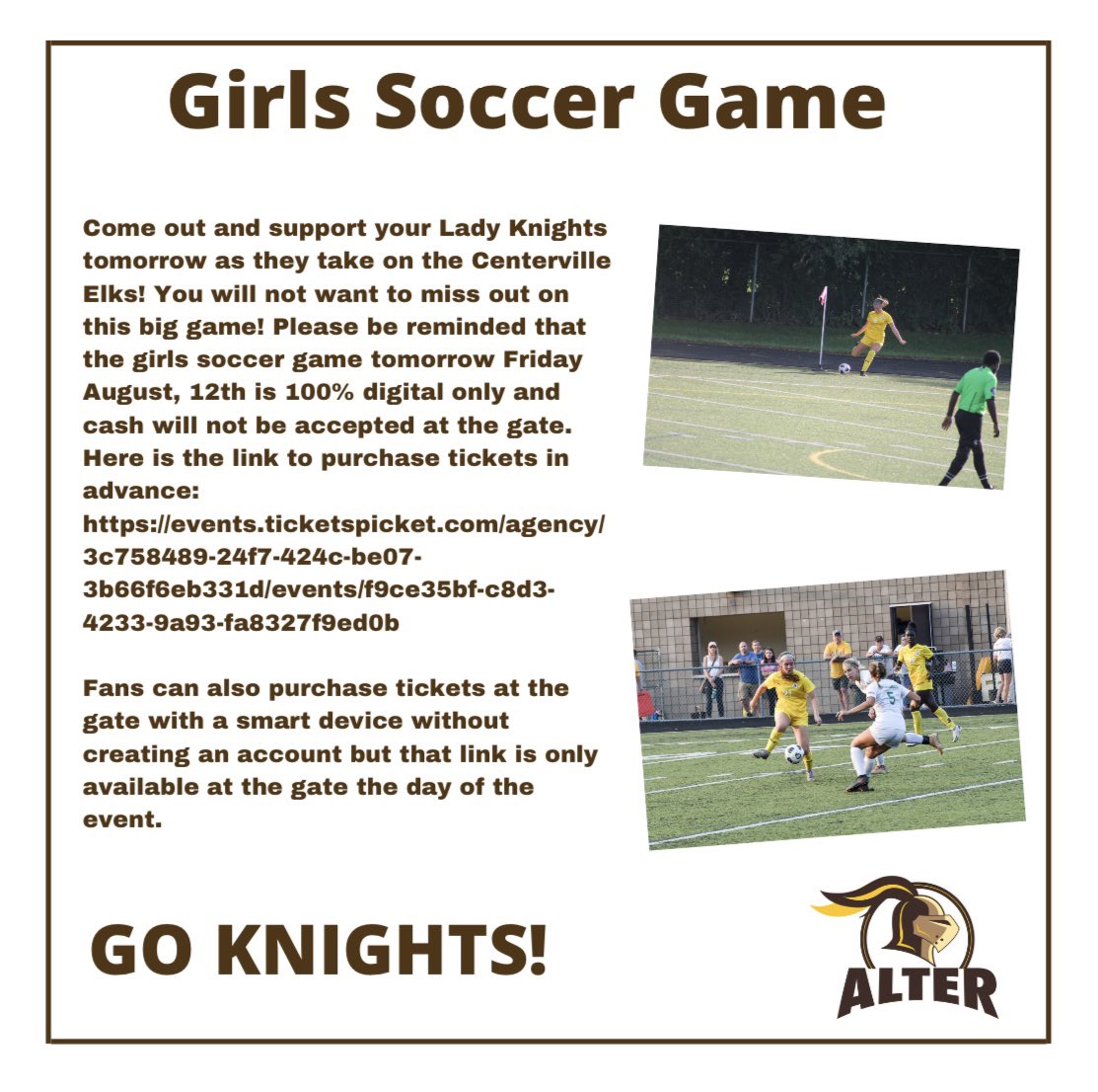 Alter High School (@alterhs) on Twitter photo Come out and support your Lady Knights tomorrow as they take on Centerville! Use this link to get your tickets in advance: events.ticketspicket.com/agency/3c75848…
Go Knights! Come out and support your Lady Knights tomorrow as they take on Centerville! Use this link to get your tickets in advance: events.ticketspicket.com/agency/3c75848…
Go Knights!