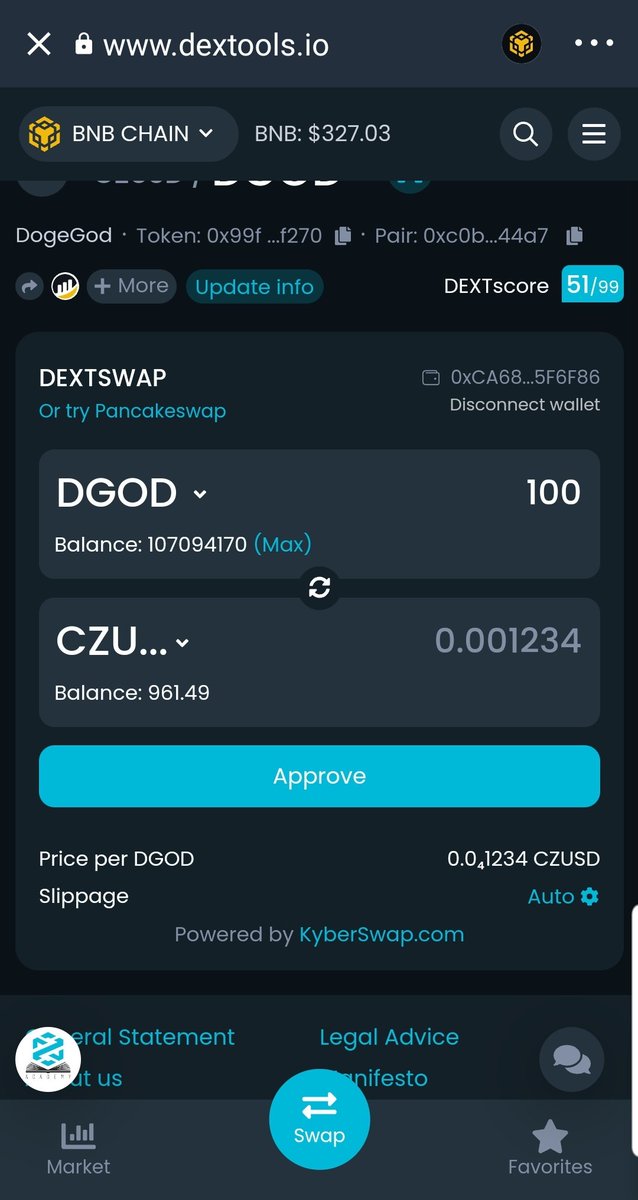 DogeGod_token's tweet photo. #DogeGod can now be #Swapped on #DextSwap using #Czusd #Stablecoin. #DextScore 51 out of 99. #Dogecoin #flowing on the #bnb #bsc #network. Ty @cz_binance for low fees. @zodiacs_c #web3 #technology &amp; #innovation. https://t.co/tqq6gRue3O