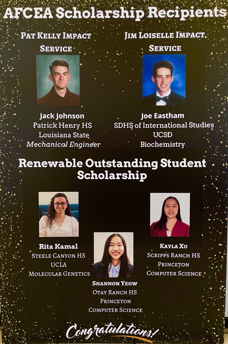 AFCEA, SD Chapter, honored 10 high school seniors and 1 graduate student from SD County. They were awarded competitive scholarships based on their outstanding academic achievement, extracurricular activities, community service, &amp; commitment to majoring in a STEM field in college.