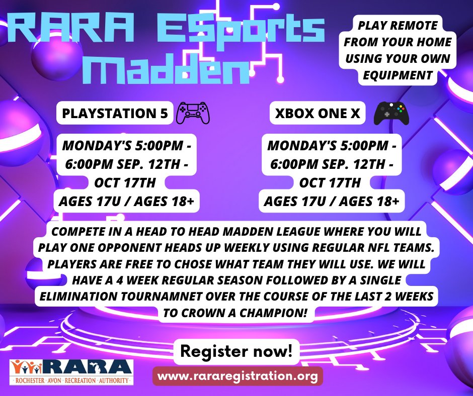 Our Fall ESports are all open for registration! We are trying out a bunch of new games and fun tournaments! Make sure to get signed up now rararegistration.org/CourseActiviti…
