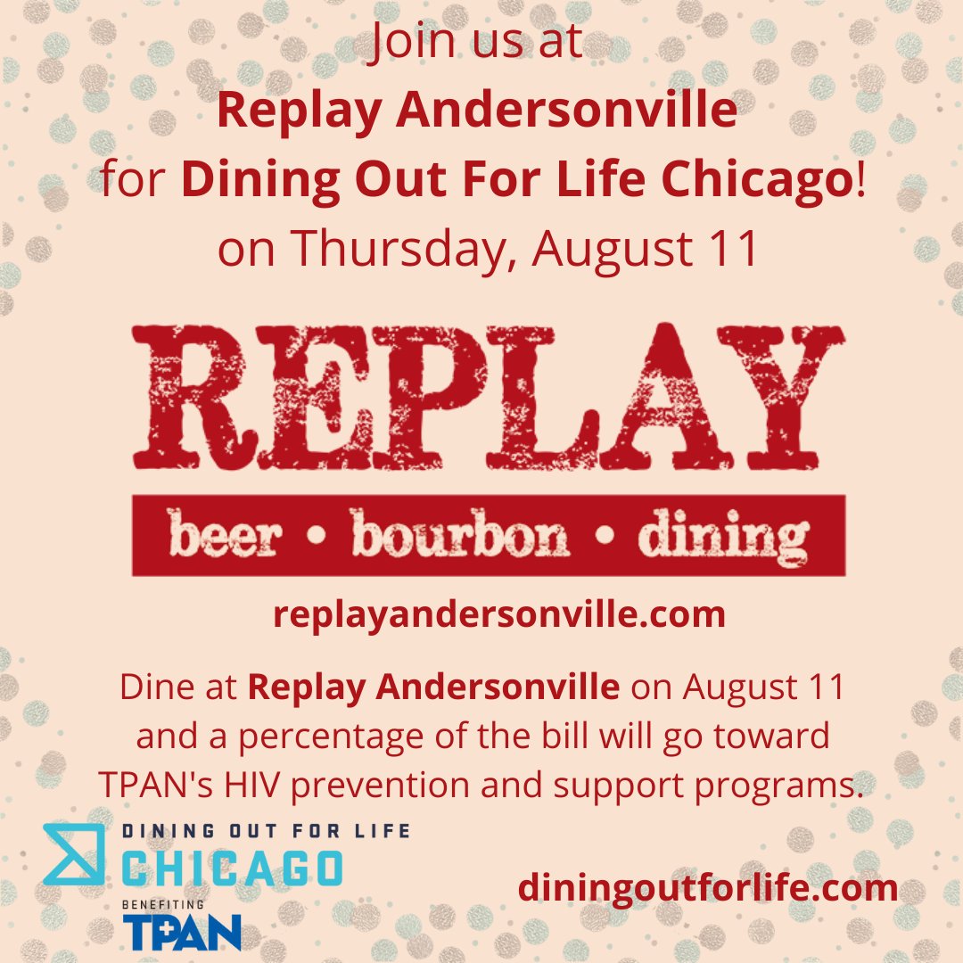 @replayandersonville has great pub food, games and a casual atmosphere great for a night out with friends. They also have an amazing patio! A percentage of your bill today will be donated to TPAN to support HIV/AIDS programs in Chicago! 
LINK IN BIO for info and to donate.
