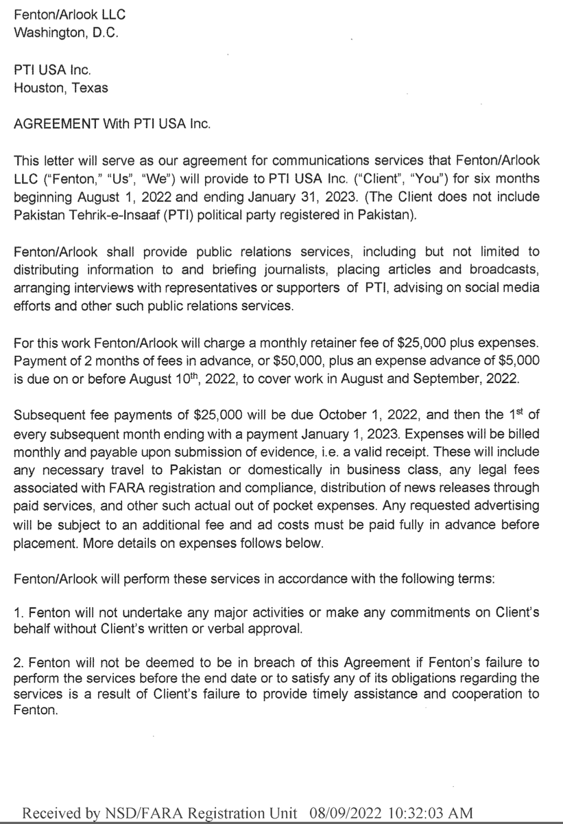 UzairYounus's tweet photo. Just discovered that @PTIofficial has hired a lobbying firm in DC at a cost of $25,000 per month.

As per documents filed on August 9, the party has engaged Fenton/Arlock LLC to support PTI's "goals for good relations with the United States and the Pakistani diaspora in the US." https://t.co/GuIEowuOJn