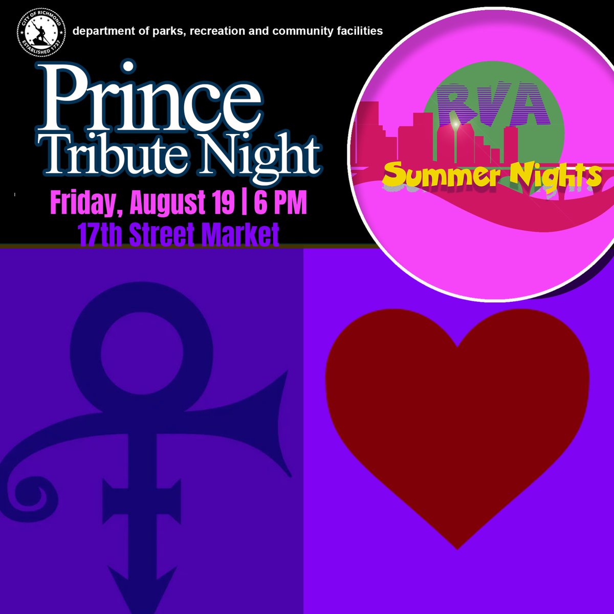 rvaparksandrec's tweet photo. Ok #RVA! We know that you are tired of the postponements of these fun events that we have planned...but the way Mother Nature is acting, we don't have a choice. Tonight's Prince Tribute is being postponed until next Friday, 8/19 @ 6 p.m. Hope to see you there! #newdate #samespace https://t.co/9AJnNFuzsn