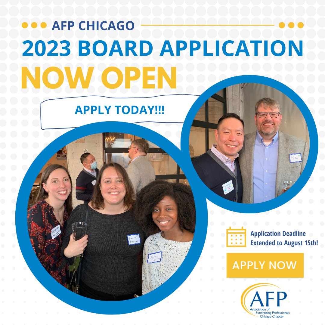 afpchicago's tweet photo. AFP Chicago is seeking nominations for the FY23 Board of Directors. The Board Application has been EXTENDED to August 15th! The Board determines its present and future direction . Don't wait, place your nomination now: https://t.co/WTzDOkQr5w  

#AFPChicago #Fundraising https://t.co/i8dQoJdOuQ