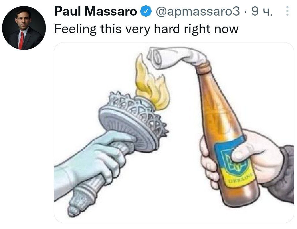 Depicting Ukraine as a bottle filled with flammables that's about to be shattered into burning fragments set a light by the US, is one hell of a Freudian slip.