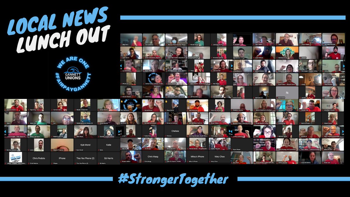 Not only did 100s of union-represented <a href="/Gannett/">life</a> employees take part in the #LocalNewsLunchOut today, we hit reply all to emails to company leadership and flooded their inboxes with union love!!! 

Here's a shot of *just the people w/ cams on* from the  room where we met for lunch