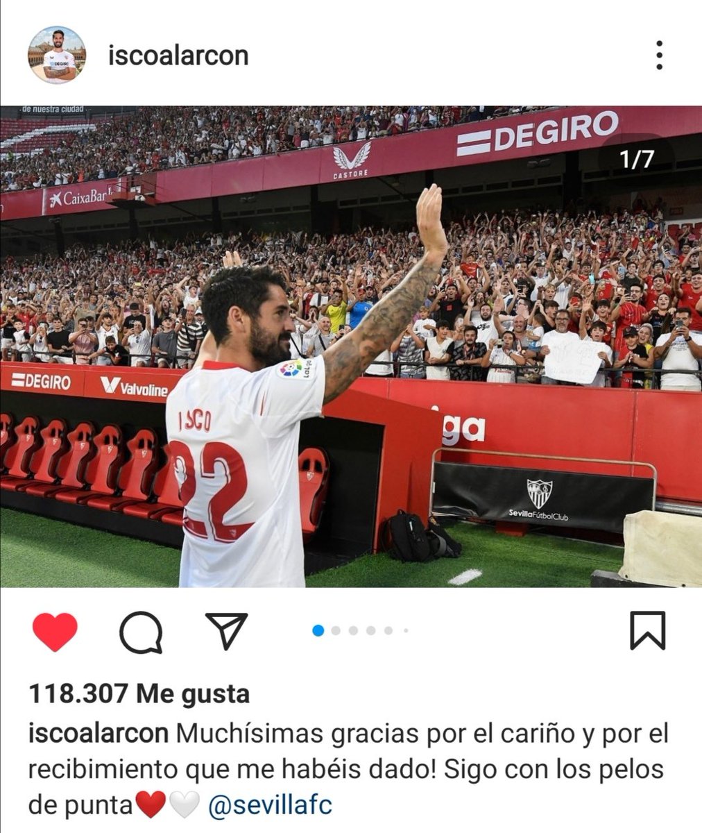 Fuentesftografo's tweet photo. Publicación de @isco_alarcon en su #Instagram agradecido a la afición Sevillista por el recibimiento en su presentación en el #Pizjuan.
#Sevilla #SevillaFC #sevillafutbolclub #SevillaHoy
#isco22 #RedesSociales https://t.co/1luLJtHcG2