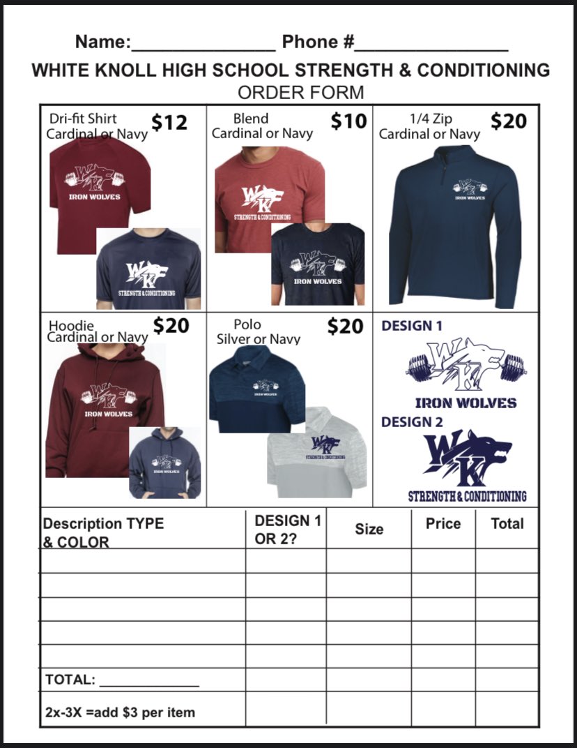 🚨WKHS ATHLETES, COACHES AND PARENTS🚨

We are opening a WKHS Strength and Conditioning store through the Pack Place!  If you’re interested in ordering some Iron Wolves gear, see coach Topple for an order form.