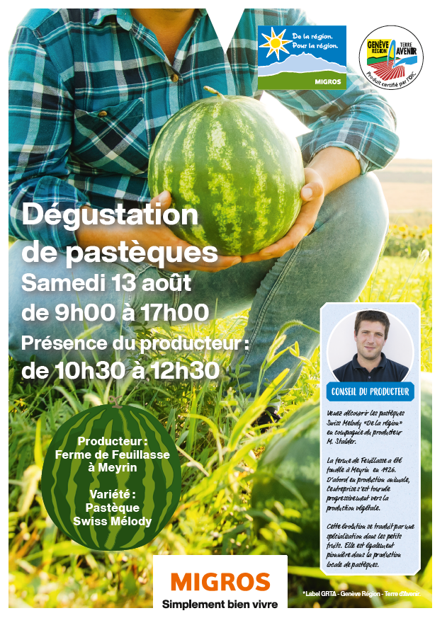 Envie de fruits de saison locaux ? Venez nombreux à Migros <a href="/CentreBalexert/">Balexert</a> ce samedi matin, déguster la délicieuse pastèque #Meyrin ! Nous offrons plus de 700 réf. locales avec des pépites comme cette pastèque que nos clients ne trouvent dans aucun autre supermarché 😊