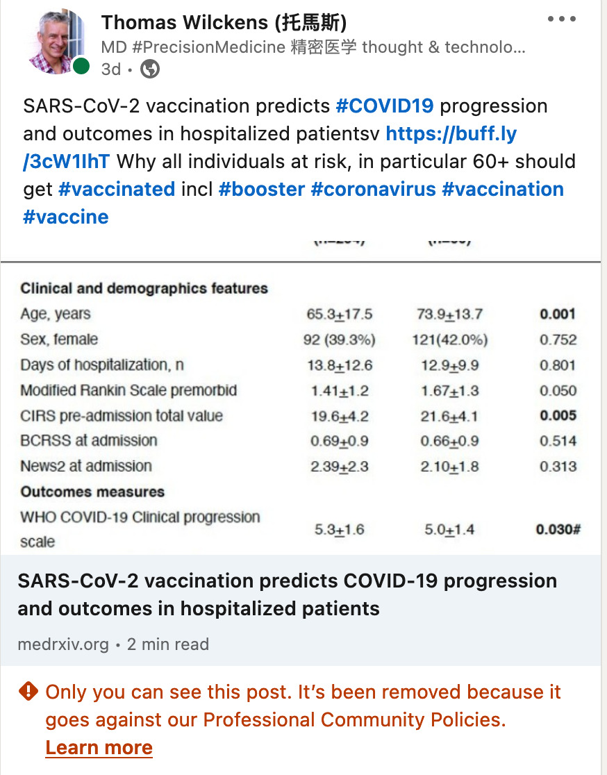 Thomas_Wilckens's tweet photo. #FreedomOfScience #FreedomOfInformation #FreedomOfSpeach @LinkedIn @LinkedInHelp Pls explain how posts endorsing #vaccination 60+ & indidivudals at risk violate your community guidelines.
https://t.co/nlpk09bXCw Could it be your platform is dominated by trolls? @washingtonpost https://t.co/izWVgbTXWZ