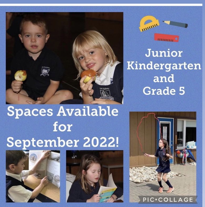 Spaces in JK and Grade 5! Come check our school and see what makes it great! Tours available. 

#academicexcellence #outdoorlearning #smallclasssizes #runningclub #intramurals #teams #mathclub #kidslit #chessclub