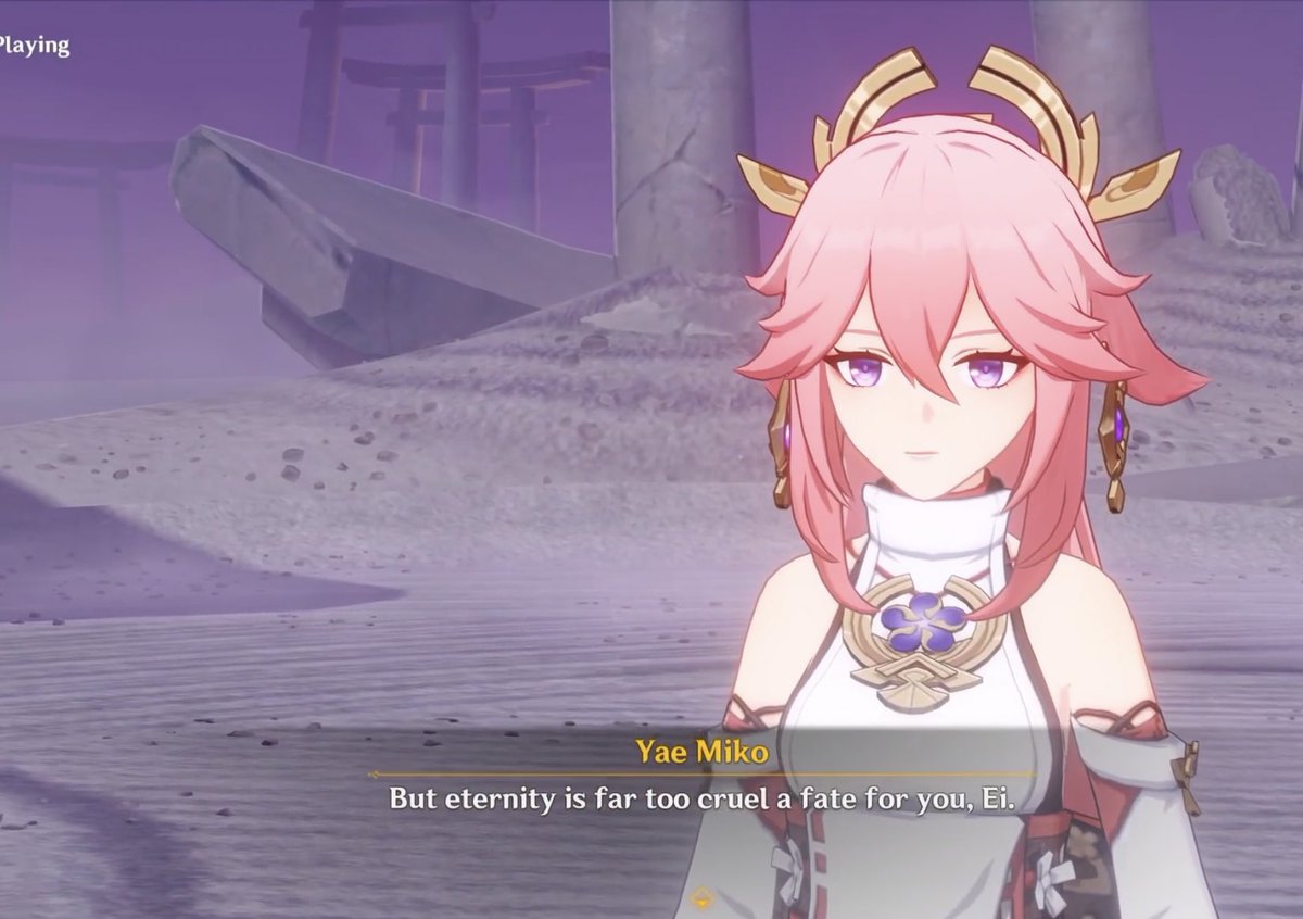 EimikoPosts's tweet image. yae miko calling ei out on how little she values herself and ei’s “me?” always breaks my heart