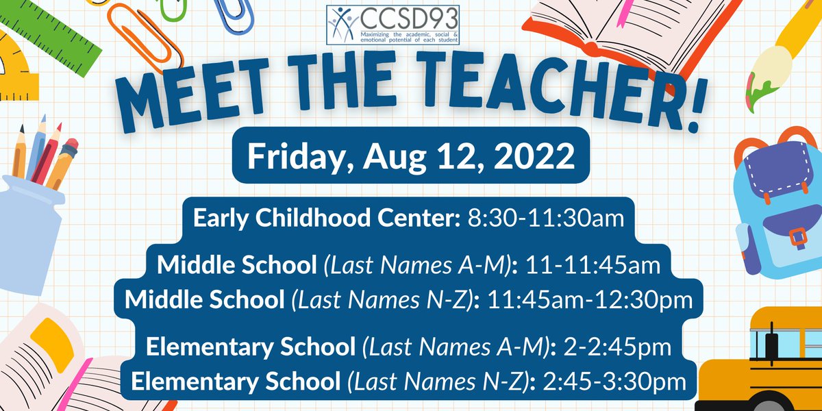 On Friday, August 12, students and their parents are invited to stop by the school for Meet the Teacher during the times described below. It’s a great opportunity for students to familiarize themselves with their learning environment for this school year.