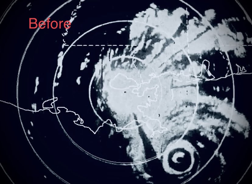 ATLAreaWx's tweet photo. You can make out the dominant eye dying off as Camille underwent an eyewall replacement cycle. Then after that, the secondary eyewall became the dominant. This proved to be catastrophic in the events in the MS Gulf Coast w/ an expanded wind field &amp; reintensification. https://t.co/cmIJhvGLa3