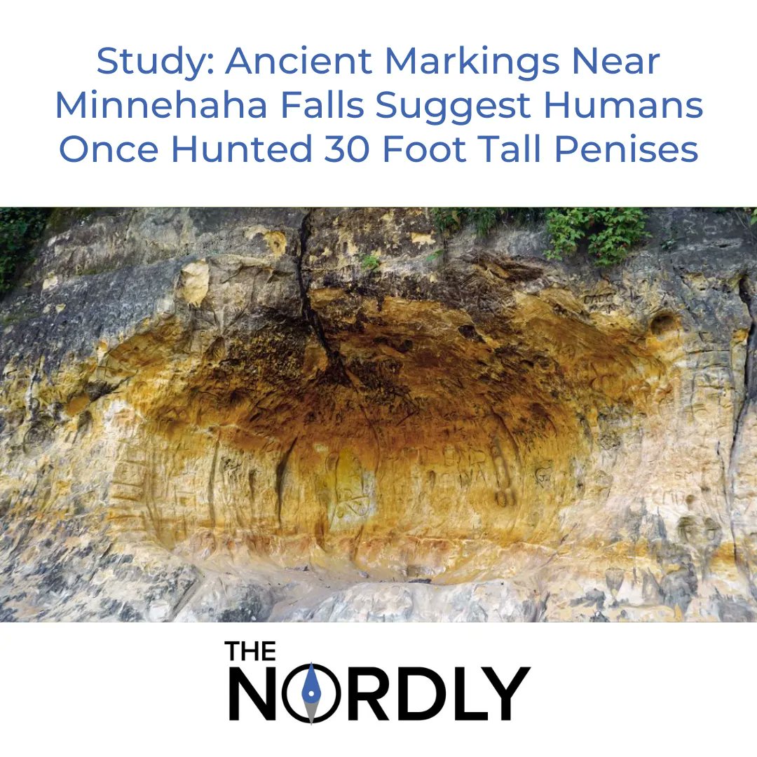 TheNordly's tweet photo. Study: Ancient Markings Near Minnehaha Falls Suggest Humans Once Hunted 30 Foot Tall Penises  https://t.co/7zzjLWp5ux https://t.co/EpYLcUUAOE