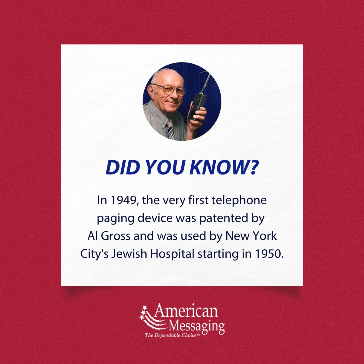 amsmsg's tweet photo. In 1949, Al Gross invented the first real-life paging device that was used by New York Hospital to manage Central Park Hospital patients. The device could deliver a message to any. @CMA_wld
#CodePager #AmericanMessaging #CriticalMessaging #SecureMessaging #Pager #Paging https://t.co/m3nGsfBoVJ