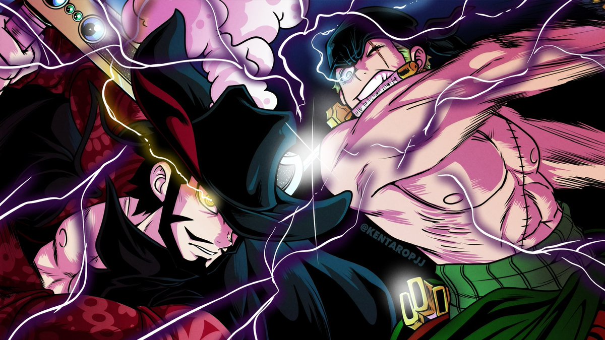「PIRATE HUNTER ZORO VS HAWK EYES MIHAWK #」|James Valle @ KawaiiKon 504のイラスト