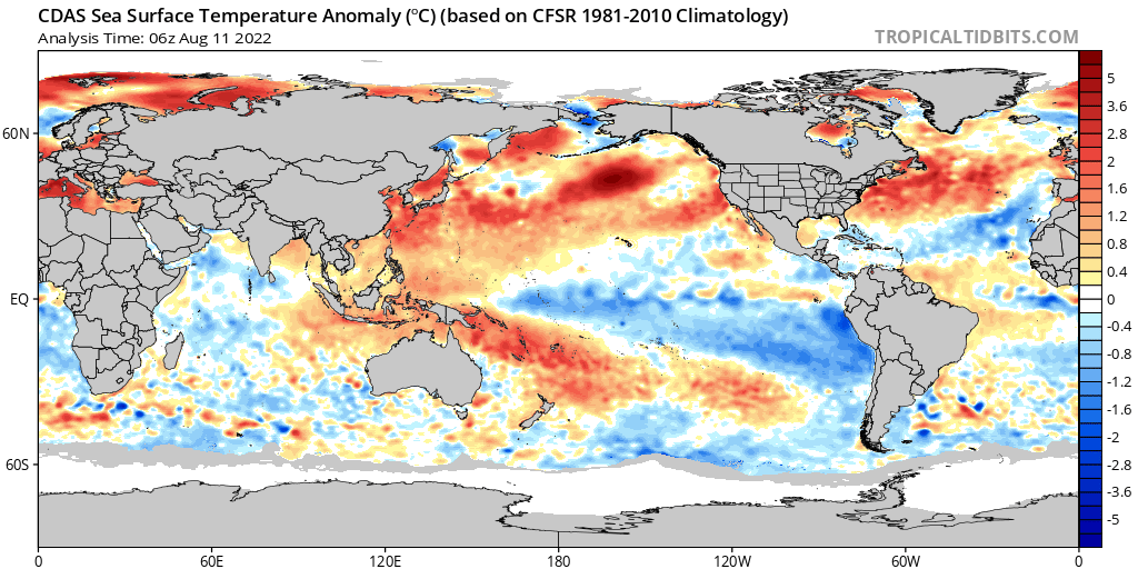 Weather_West's tweet photo. Here's a wider view. The North Pacific warm ocean temperature anomaly (return of "#TheBlob"?) is literally off the charts. (SST charts rarely use a scale wider than +/- 5 C since anomalies of that magnitude over a broad region sustained over days/weeks are extremely rare.) https://t.co/mWFgFEmMzR