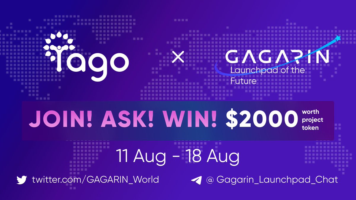 GAGARIN_World's tweet photo. 💥On the occasion of @TagoChannel #IDO on @GAGARIN we are announcing a new #giveaway
 
📆 August, 11 - 18
🎁 $2000 worth $TAGO
🏆 100 overall winners 
 
 📌 RULES:
1/ Ask your question to @TagoChannel in the comment
2/ Tag 2 friends  
3/ Complete tasks 👇 https://t.co/P8RqJY5Mqb https://t.co/zYcMv0AUss