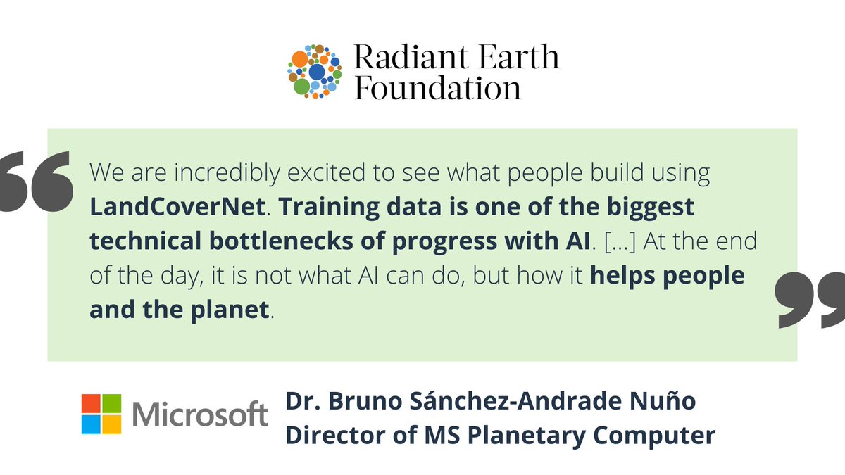 OurRadiantEarth's tweet photo. #LandCoverNet will enable fully-automated & dynamic #landcover classification algorithms using open-access satellite imagery. Read what @brunosan, Director of @Microsoft Planetary Computer, has to say about the release of this dataset: https://t.co/tshxXYDoXh https://t.co/pkVnxuRAmo