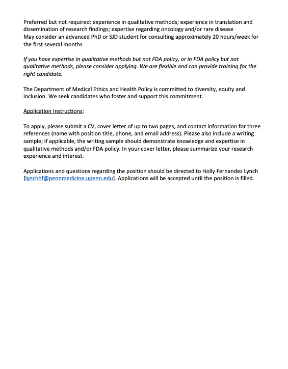 🚨📣💊Want to work w/ me, <a href="/reshmagar/">Reshma Ramachandran</a>, <a href="/cmrherder/">Matthew Herder (@mattherder.bksy.social)</a>, <a href="/jsross119/">Joseph Ross</a>? Now's your chance! I'm hiring a post-doc in pharma policy, law, and ethics to join me <a href="/PennMEHP/">UPenn Medical Ethics & Health Policy</a>. Project will examine the feasibility of post-market trials to confirm drug benefit (and more!).

med.upenn.edu/apps/my/bpp_po…