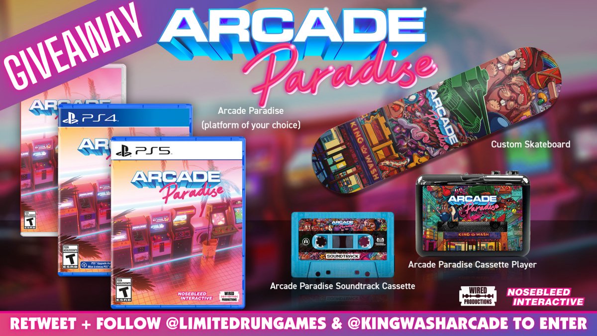 LimitedRunGames's tweet image. Happy digital launch day Arcade Paradise! Let's celebrate with a prize pack giveaway!

RT + follow @LimitedRunGames &amp;amp; @KingWashArcade to enter. Winner will be chosen 8/26.

Pre-order the physical edition today:
🪙LRG: bit.ly/3xPEqEx
🪙Amazon: amzn.to/3JP9h9v