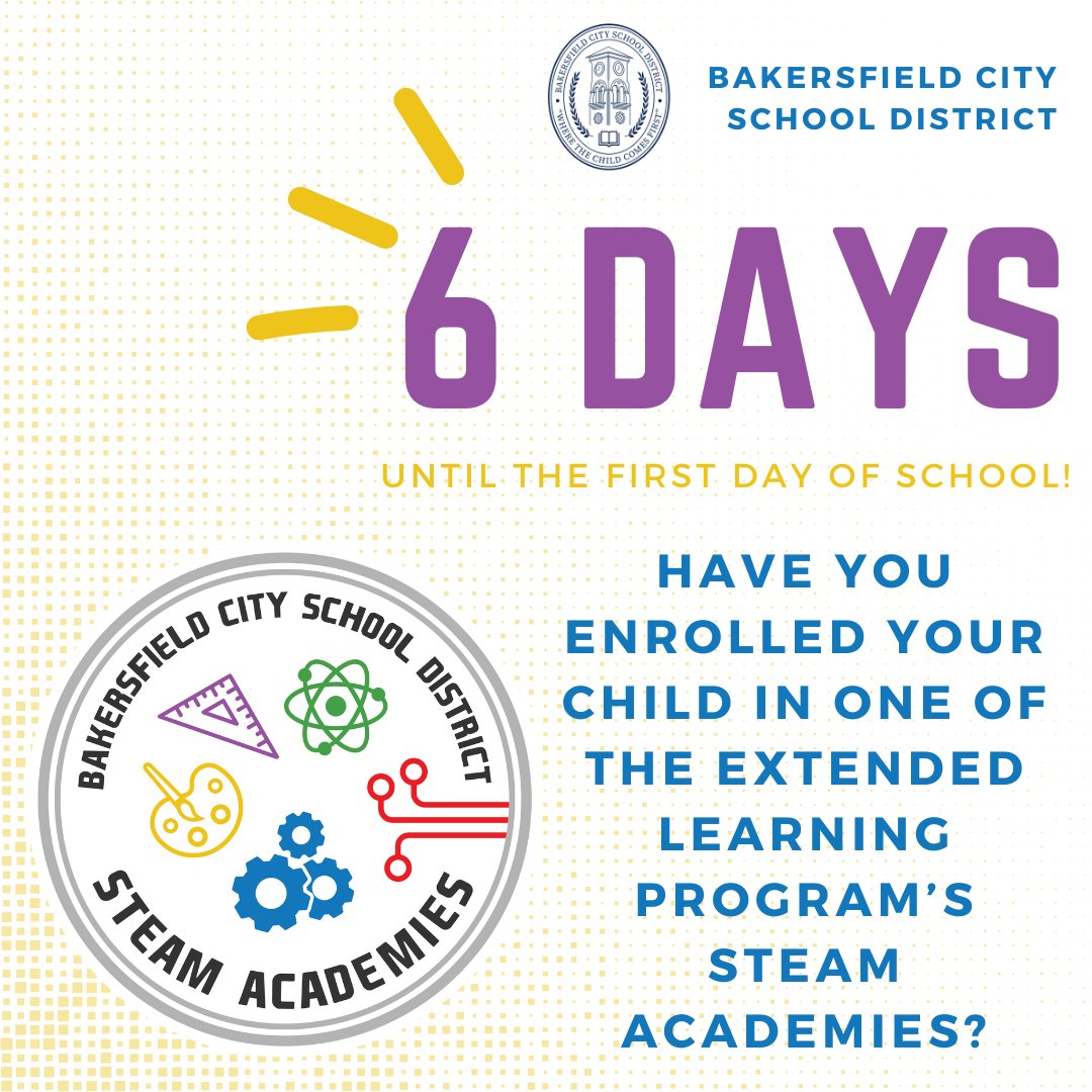 The first day of school is Wednesday! Have you enrolled your child in a STEAM Academy? They provide safe after-school enrichment and youth development for students in grades first through eighth. Complete the registration form here: bcsd.com/Page/310