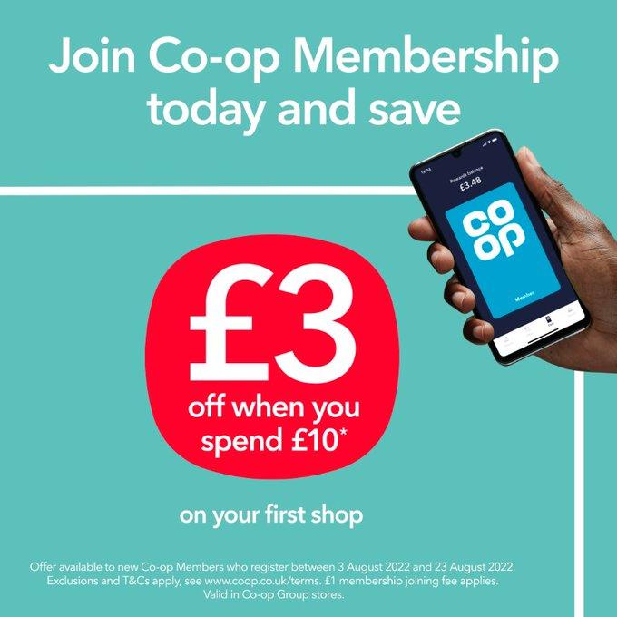 New <a href="/coopuk/">Co-op</a> Members get £3 off when they spend £10. Join us now coop.uk/2mSiXct