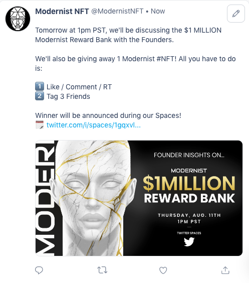 ModernistXYZ's tweet photo. 👀Looking for the next Blue Chip NFT? Look no further

🚨NFT GIVEAWAY ALERT🚨

👨‍🎨1 Modernist NFT

📝All you have to do is:

1️⃣Like/Comment/Retweet
2️⃣Tag 3 Friends
3️⃣Attend todays 1pm PST Twitter Spaces

🍾Winner will be announced in todays #TwitterSpaces
https://t.co/9uszSUaJDV https://t.co/RAKwffuzCW