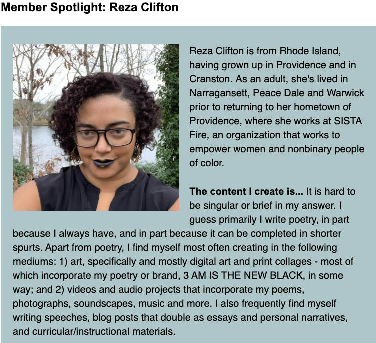 litartsri's tweet photo. Member Spotlight: Reza Clifton @3amblack’s poetry is inspired by the African Diaspora, communities of color &amp; women, w/ themes of radical love, romantic love, racial justice &amp; equity, bilingualism &amp; mixed identities, science fiction, Afrofuturism &amp; more: https://t.co/4JqFyYMJEw https://t.co/nTI5rKEJ9A