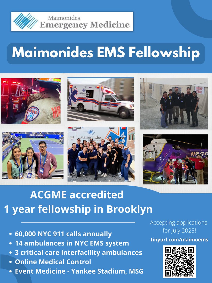 Apply for #EMS #Fellowship <a href="/Maimonides_EM/">Maimonides EM</a>. We have our own ambulance fleet, medical control, and some of the best event medicine around. Reach out for more info. 
#MedTwitter #emergencymedicine