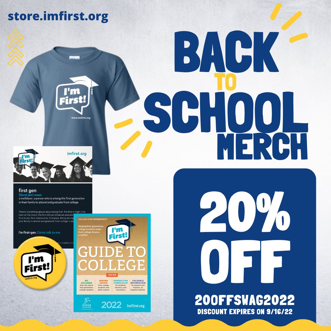 ImFirstGen's tweet image. Ahhh, it's back to school time! Start the year off right by celebrating the first-gen students (and their supporters) on your campus with I'm First! t-shirts or other swag like posters, buttons, stickers, or pins! #imfirst #imfirstgeneration #firstgenstudent #firstgen #imfirst