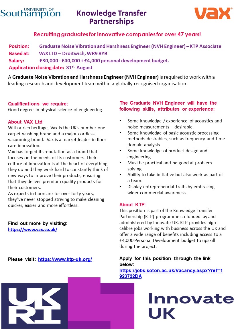 A great opportunity for a Graduate NVH Engineer to work with @VaxUK and <a href="/unisouthampton/">University of Southampton</a> on an exciting #KTP scheme.  jobs.soton.ac.uk/Vacancy.aspx?r…
#collaboratetoinnovate <a href="/innovateuk/">Innovate UK</a> #sotonbusiness #EngineeringJobs #futureleaders #Southampton
