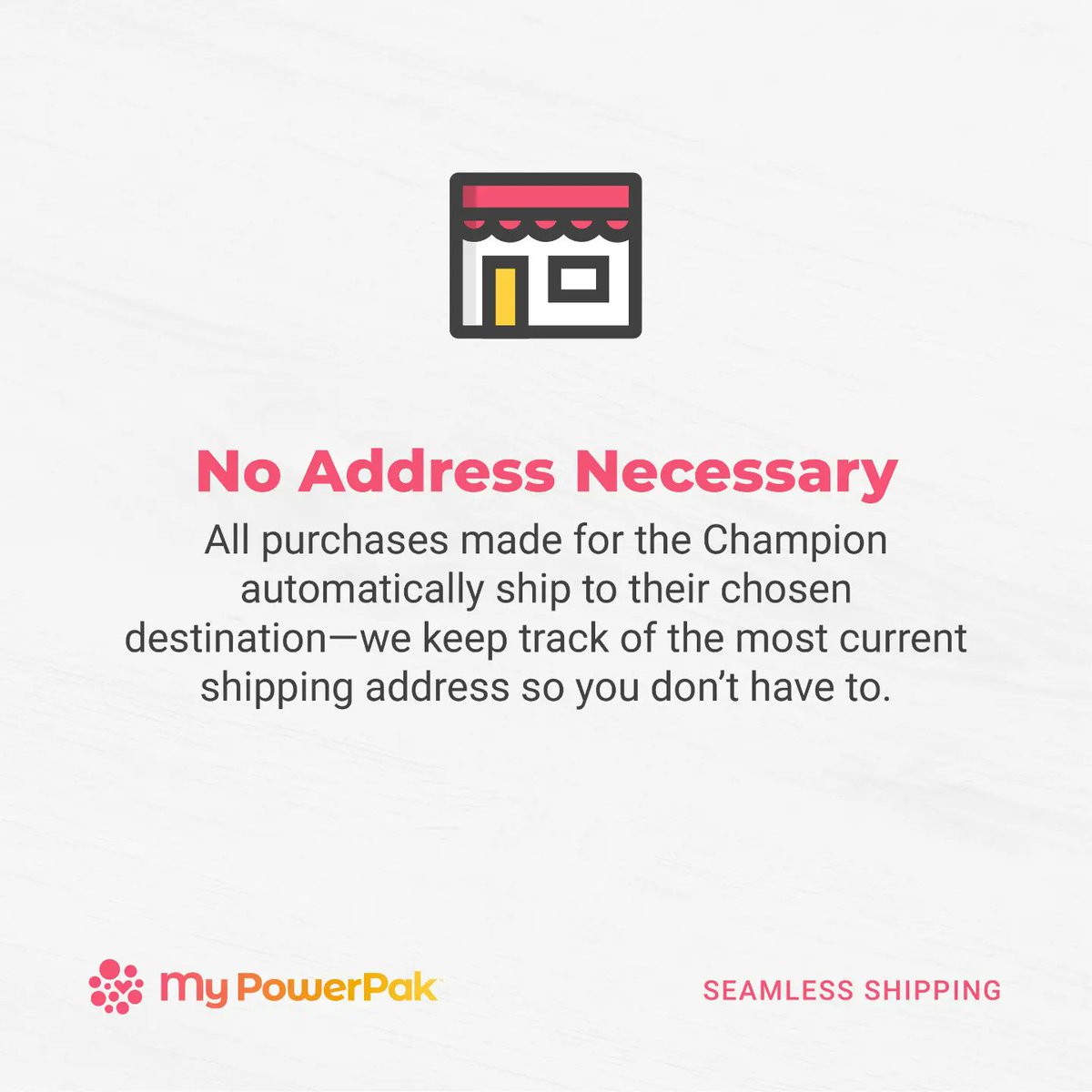 Amazing: A gift purchased for a Champion from our Marketplace will automatically be shipped to their current address on file. Don't worry whether they're at home, in a care facility or elsewhere. mypowerpak.com
#Caregiving
#Features
#ShippingMagic
#SeamlessShipping