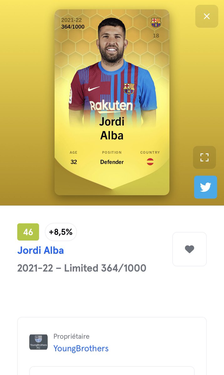 Jordi Alba vient renforcer la défense du YoungBrothers FC ✍🏼
Scoring intéressant dans un Barca peu flamboyant l’année dernière, j’espère une grosse saison de leur part et que le nouveau scoring lui sera bénéfique !
Merci <a href="/Moalito_/">Moalito</a> pour le trade rapide 🤝 #Sorare