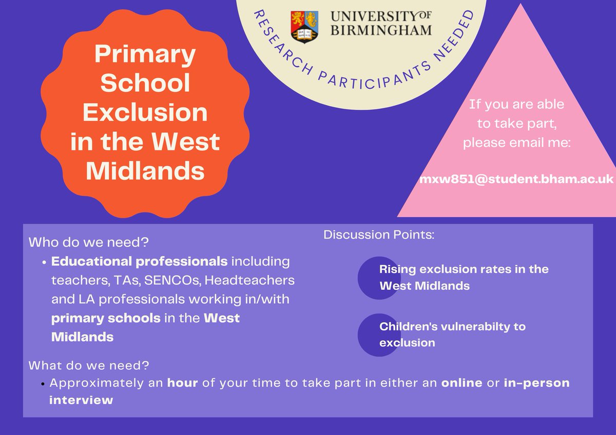 📢Calling educational professionals working in primary schools📢

I am currently doing my PhD and would love to talk to anyone working in primary schools across the West Mids. about school exclusion.

Please contact me:
mxw851@student.bham.ac.uk

#edutwitter #primaryschool