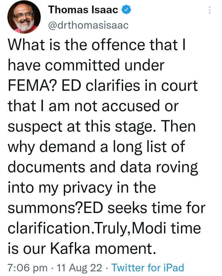 srikumarsmenon's tweet photo. If you have not done anything wrong ?? why are you scared ??Are you afraid of on going investigation by @dir_ed ?? Mr. @drthomasisaac  you didn't get any releif from the HC. The people of #Kerala knew you are a habitual offender regarding financial irregularities in #KIFB  !! https://t.co/PqmxDb1A06