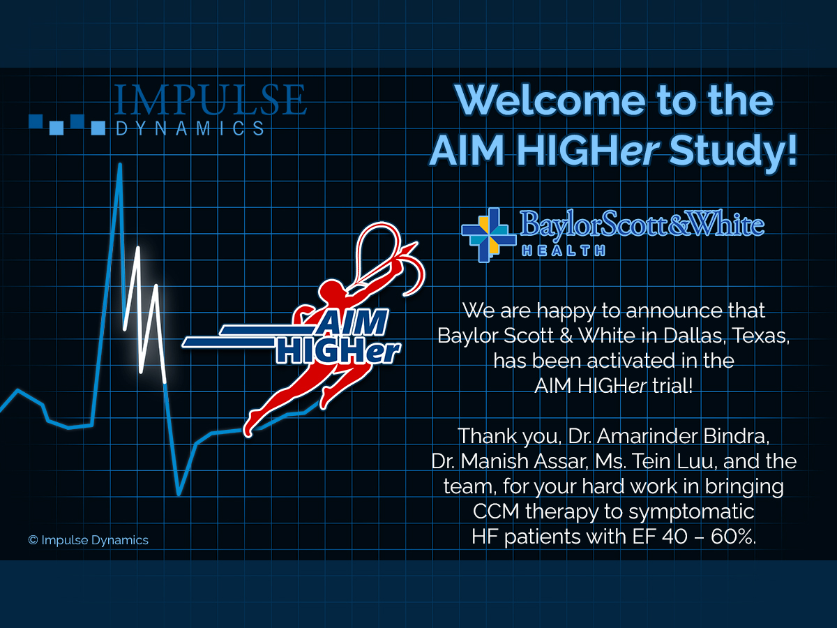AIM HIGHer Study (@aimhigherstudy) on Twitter photo We are happy to announce that Baylor Scott and White in Dallas, Texas, has been activated in the AIM HIGHer Trial!
#epeeps #HFpEF #AIMHIGHer #CCM #HeartFailure #ImpulseDynamics #clinical #clinicaltrial #clinicalstudy #HFpEF
Welcoming
<a href="/bswhealth_DFW/">Baylor Scott & White Dallas-Fort Worth</a> We are happy to announce that Baylor Scott and White in Dallas, Texas, has been activated in the AIM HIGHer Trial!
#epeeps #HFpEF #AIMHIGHer #CCM #HeartFailure #ImpulseDynamics #clinical #clinicaltrial #clinicalstudy #HFpEF
Welcoming
<a href="/bswhealth_DFW/">Baylor Scott & White Dallas-Fort Worth</a>
