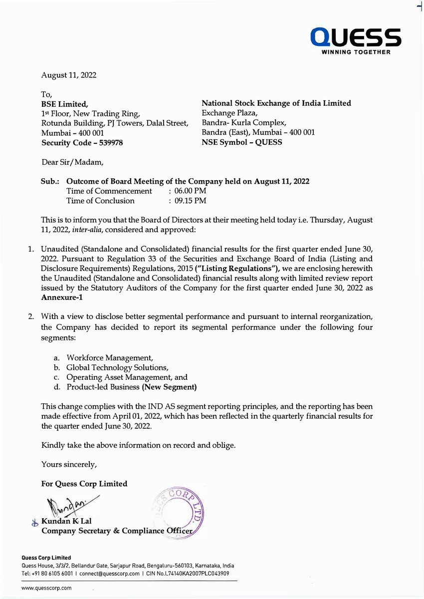 MarketUpdates6's tweet photo. Quess Corp Ltd - 539978 - Unaudited Financial Results For The Quarter Ended 30 June 2022. Full Details : https://t.co/FuE78qZNcM https://t.co/auaMqnWA9h