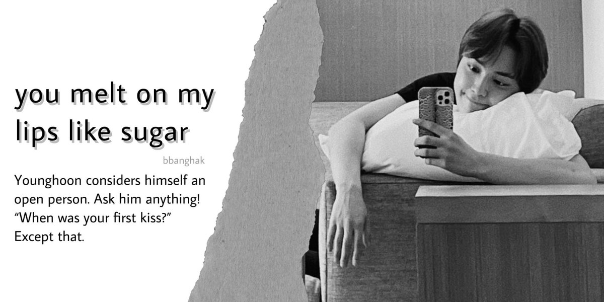 you melt on my lips like sugar
— bbanghak
— fluff / first kiss
— 3,723
— for <a href="/haknyeonficfest/">Haknyeon Fest 🍊 Loading...</a> <3
archiveofourown.org/works/40196433