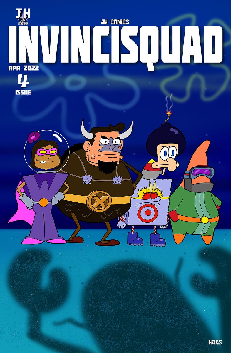 JH_comics's tweet photo. Have you read INVINCISQUAD #4 yet? How could you not with this #SpongeBobSquarepants parody cover art?
#Invincisquad #indiecomic #comicbook #superhero #parody #comicart https://t.co/JcTs0zOwIQ