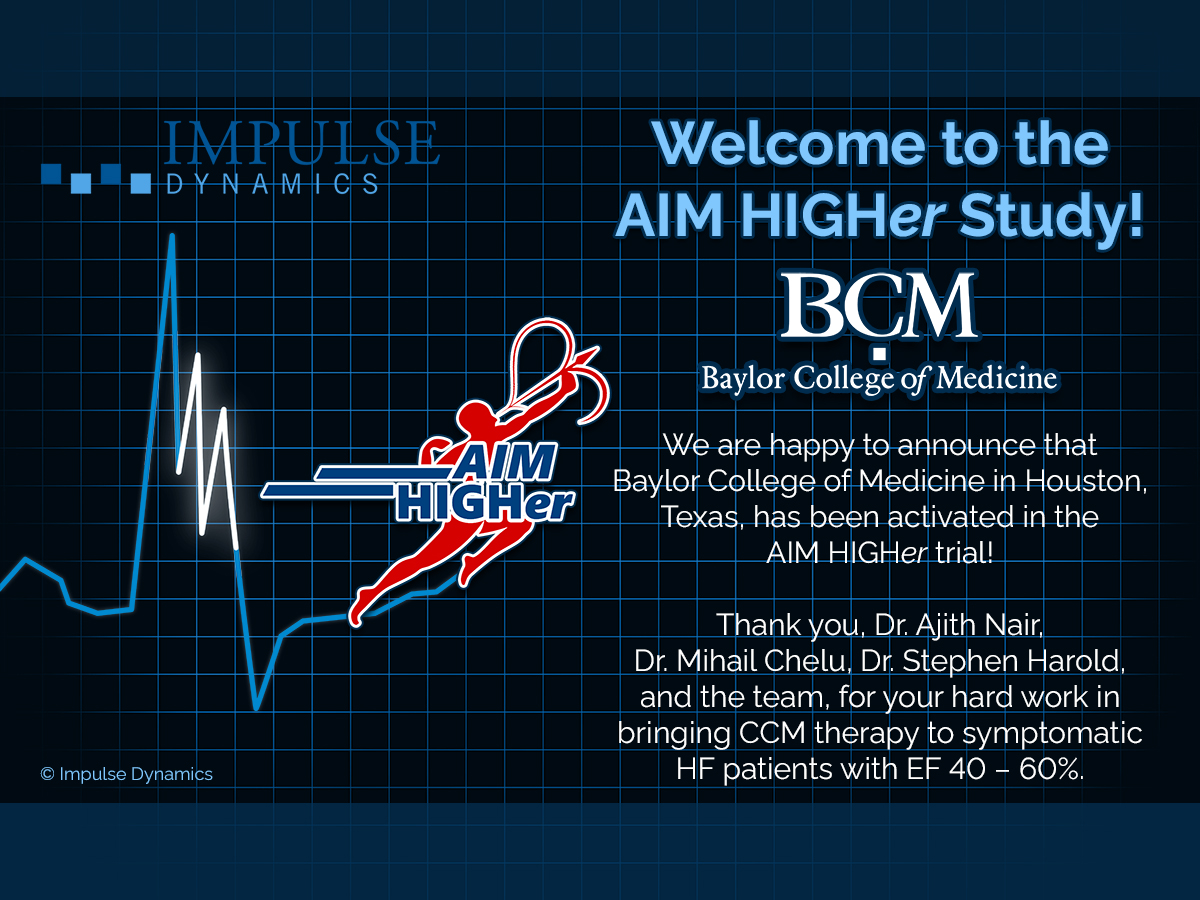 AIM HIGHer Study (@aimhigherstudy) on Twitter photo We are happy to announce that Baylor College of Medicine in Houston has been activated in AIM HIGHer!
Thank you for your hard work to bring CCM therapy to symptomatic HF patients with EF 40-60%
#epeeps #HFpEF #aimhigher #CCM #HeartFailure <a href="/ajith1230/">Ajith Nair</a> @mihailchelu <a href="/bcmhouston/">BCMHouston</a> We are happy to announce that Baylor College of Medicine in Houston has been activated in AIM HIGHer!
Thank you for your hard work to bring CCM therapy to symptomatic HF patients with EF 40-60%
#epeeps #HFpEF #aimhigher #CCM #HeartFailure <a href="/ajith1230/">Ajith Nair</a> @mihailchelu <a href="/bcmhouston/">BCMHouston</a>
