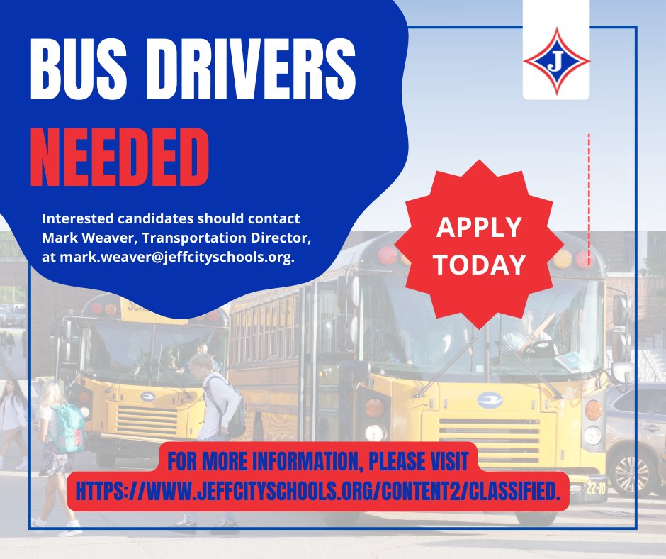 The wheels on the bus can't go round without YOU! 🚌 We are looking for more bus drivers to join our transportation team. If you or someone you know is interested, please contact Mark Weaver at mark.weaver@jeffcityschools.org, or visit the website for more information.